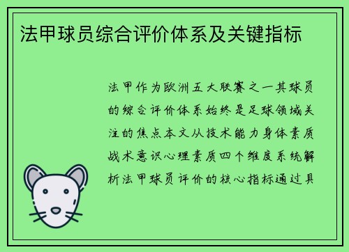 法甲球员综合评价体系及关键指标